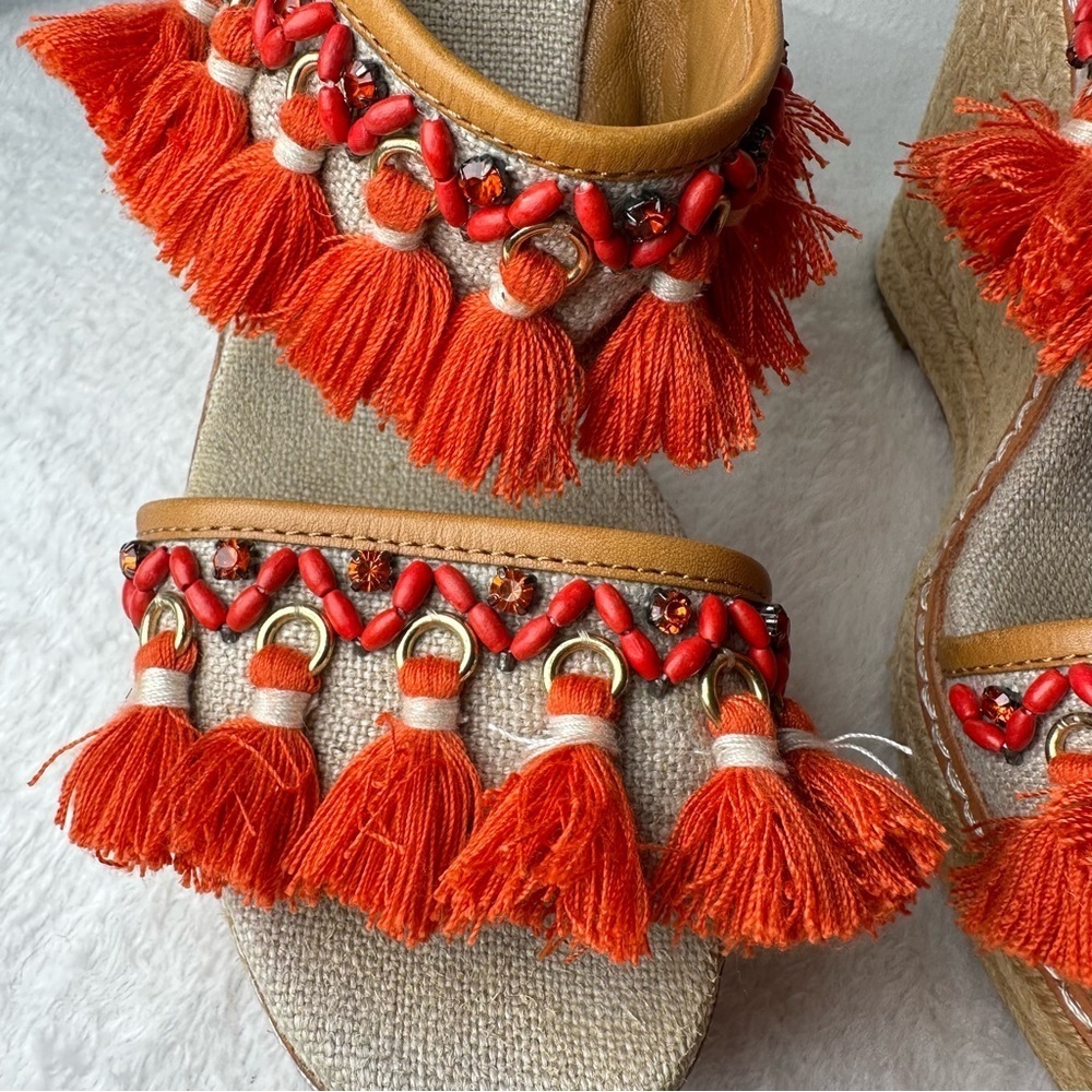Tory Burch Women's 7M Vibrant Orange and Tan Espadrille Wedges Sandals Boho - Picture 7 of 15